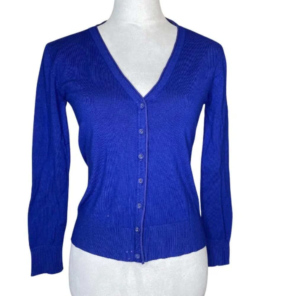 Zara Cobalt Blue V-Neck Button Up Cardigan Knit Sweater Cotton Blend Royal Blue